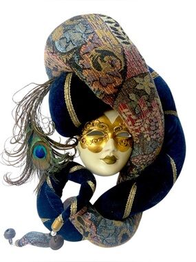 Vintage Carnival Venetian Handmade Ceramic Mask Decor Peacock Jester Bells Italy